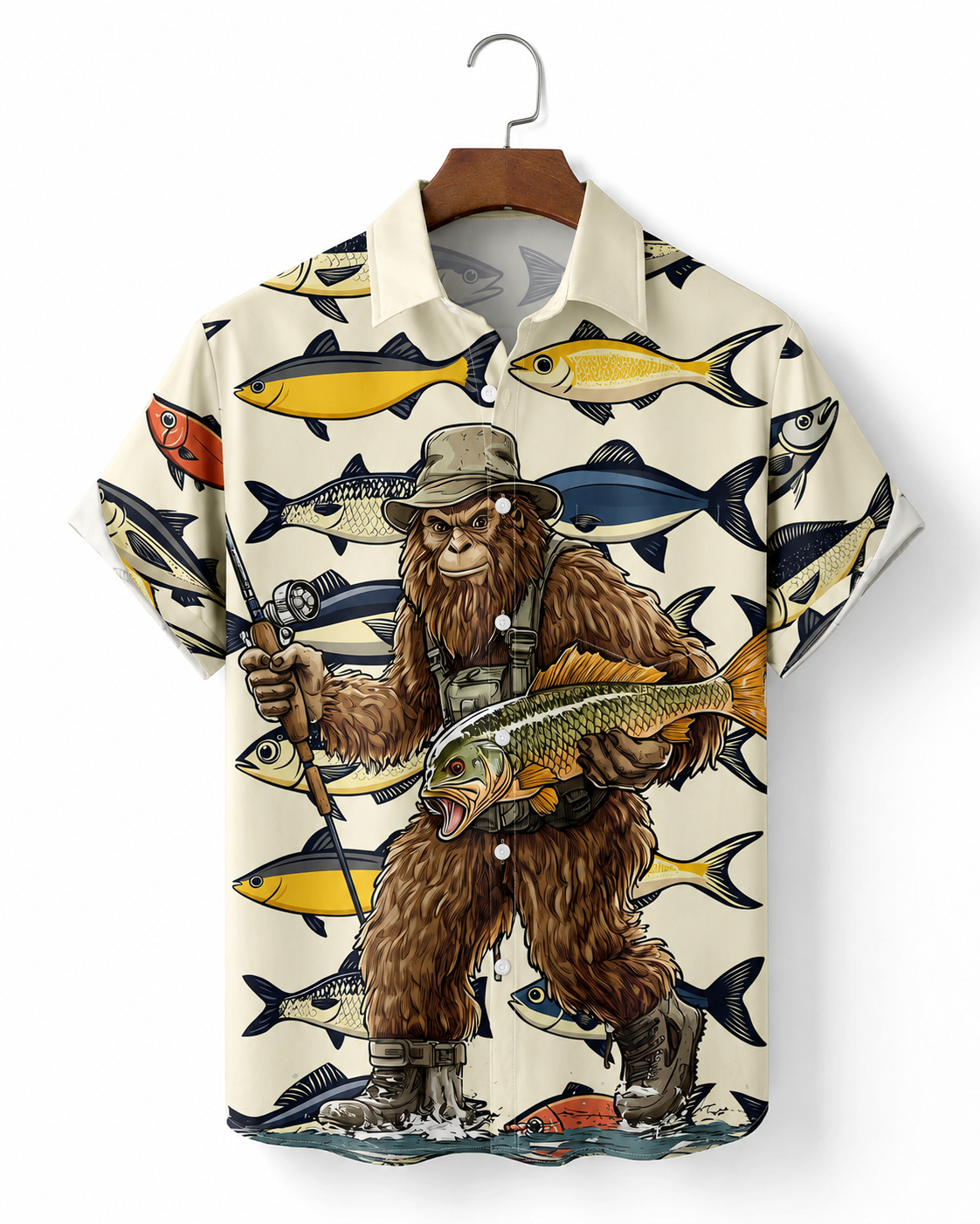 Men's Bigfoot Fisherman Catching Fish Hawaiian Shirt