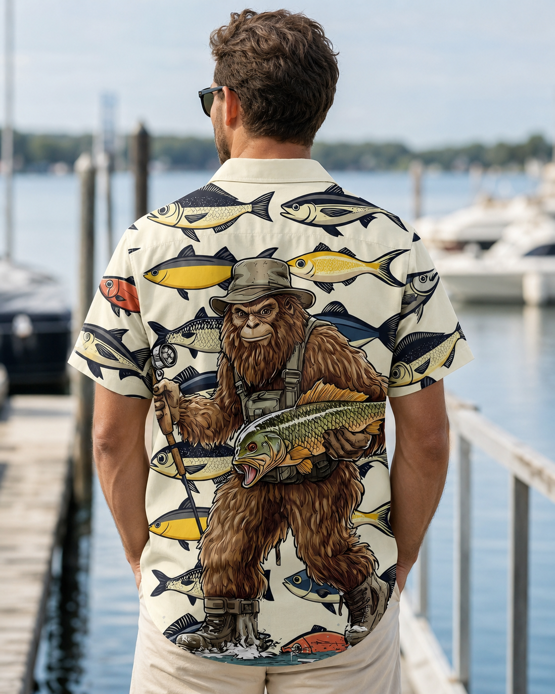 Men's Bigfoot Fisherman Catching Fish Hawaiian Shirt