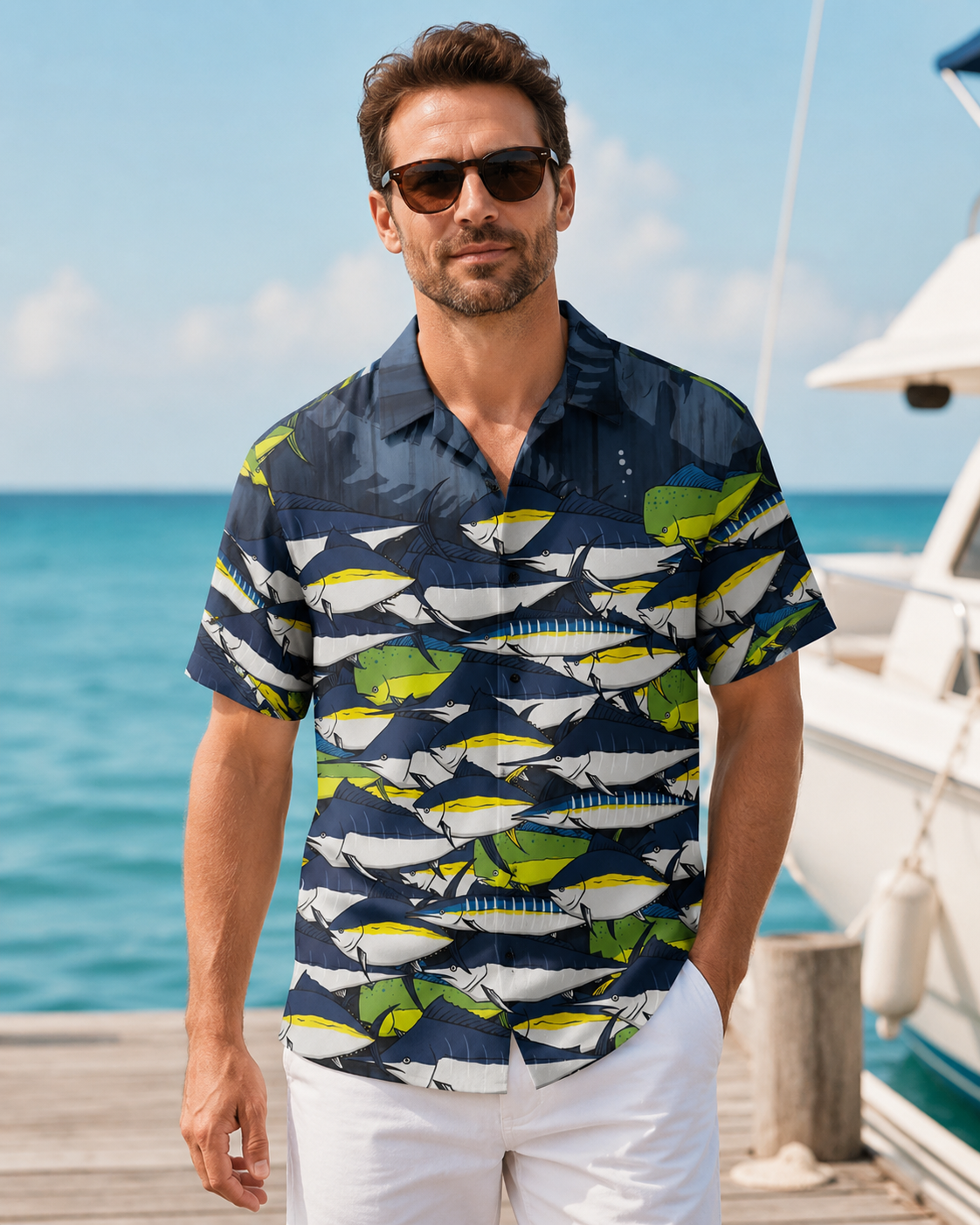 Men's Tuna Mahi Mahi School of Fish Hawaiian Shirt