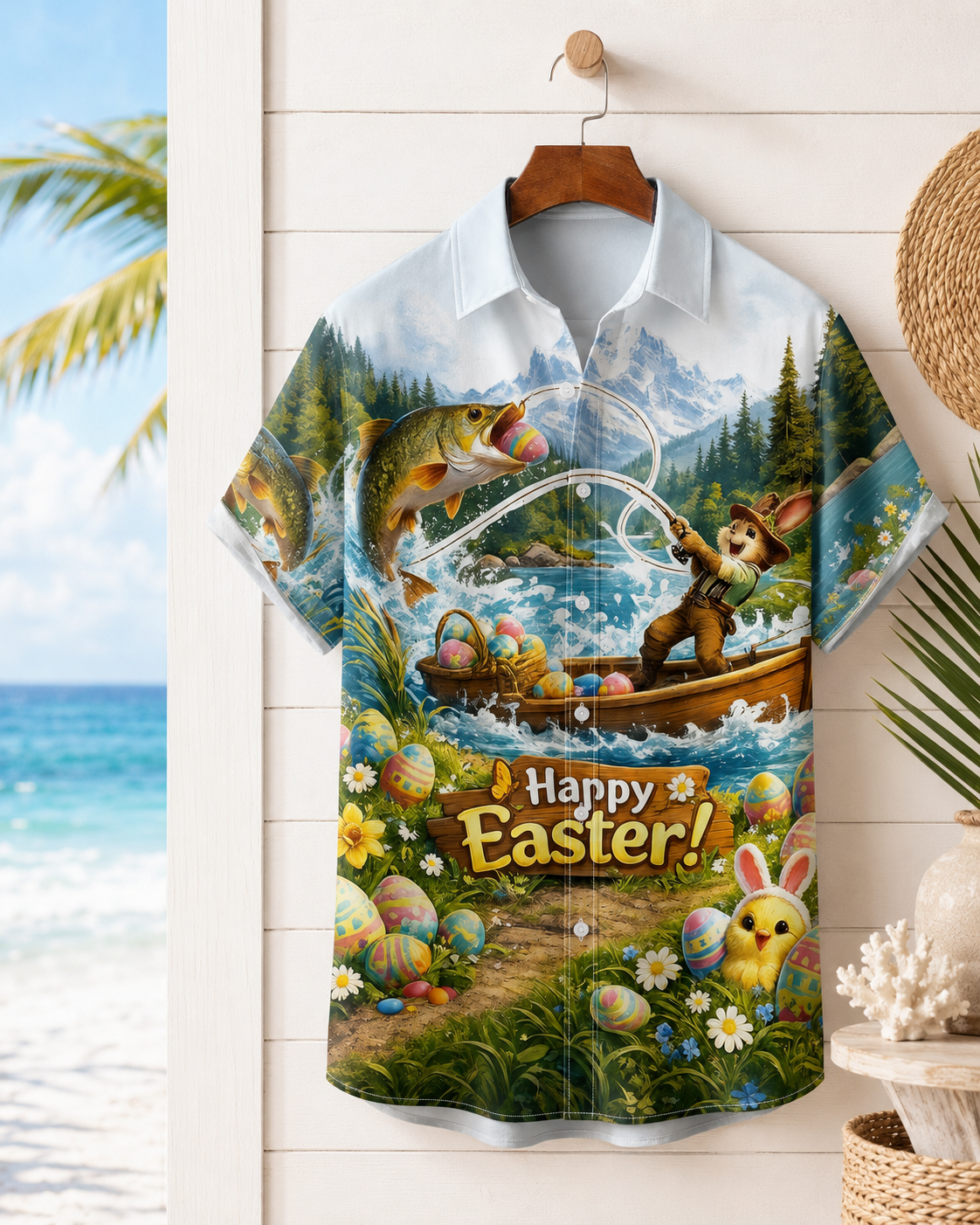 Men's Happy Easter Bunny Fishing Hawaiian Shirt | Short Sleeve