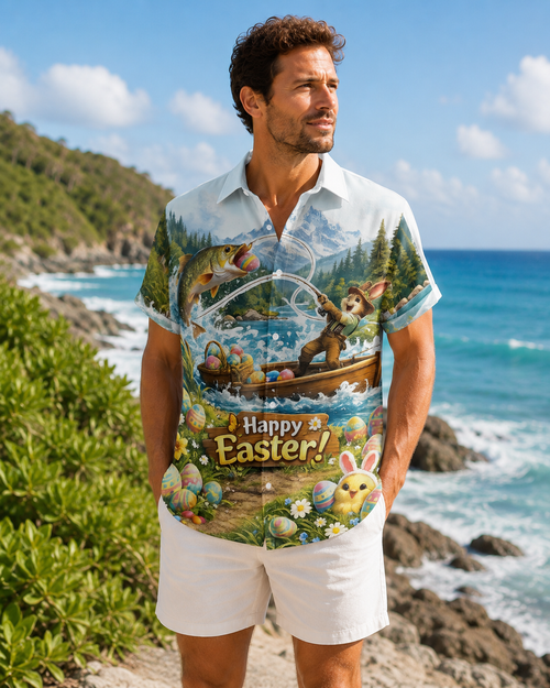 Men's Happy Easter Bunny Fishing Hawaiian Shirt | Short Sleeve