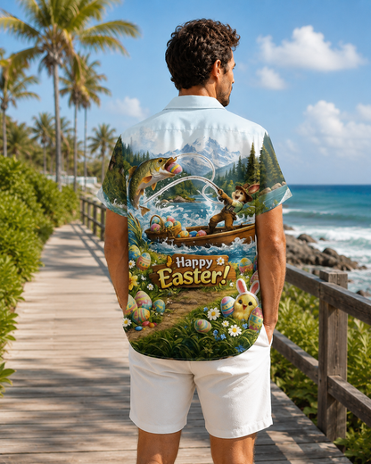 Men's Happy Easter Bunny Fishing Hawaiian Shirt | Short Sleeve