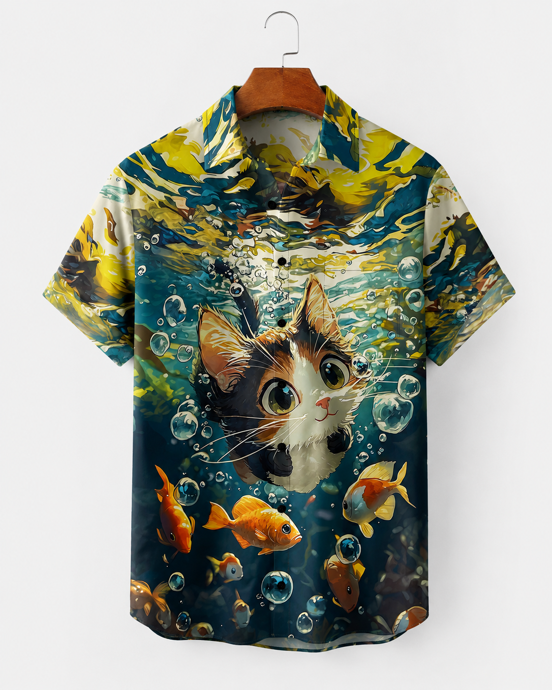Men's Cute Cat Scuba Diving With Goldfish Hawaiian Shirt
