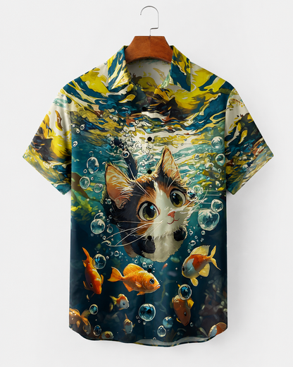 Men's Cute Cat Scuba Diving With Goldfish Hawaiian Shirt