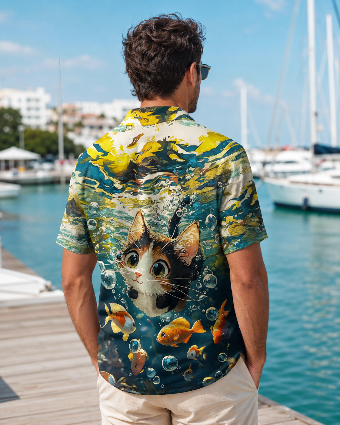 Men's Cute Cat Scuba Diving With Goldfish Hawaiian Shirt