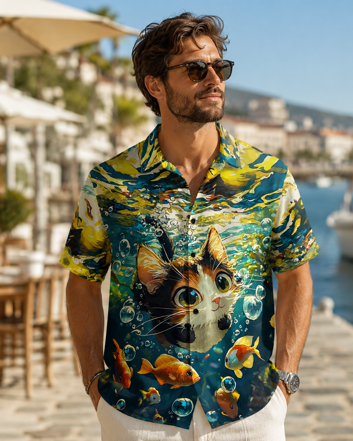 Men's Cute Cat Scuba Diving With Goldfish Hawaiian Shirt