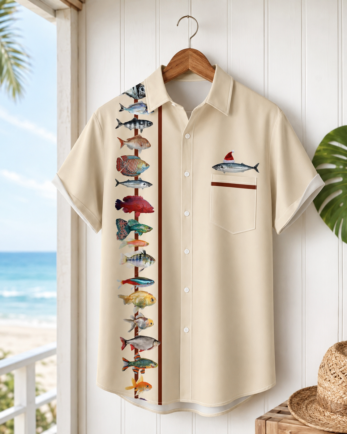 Men's Christmas Santa Fish Bowling Shirt | Short Sleeve Shirt