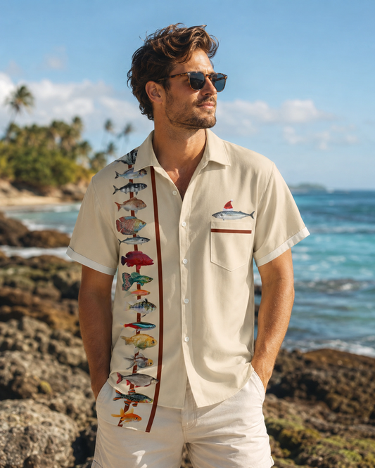 Men's Christmas Santa Fish Bowling Shirt | Short Sleeve Shirt