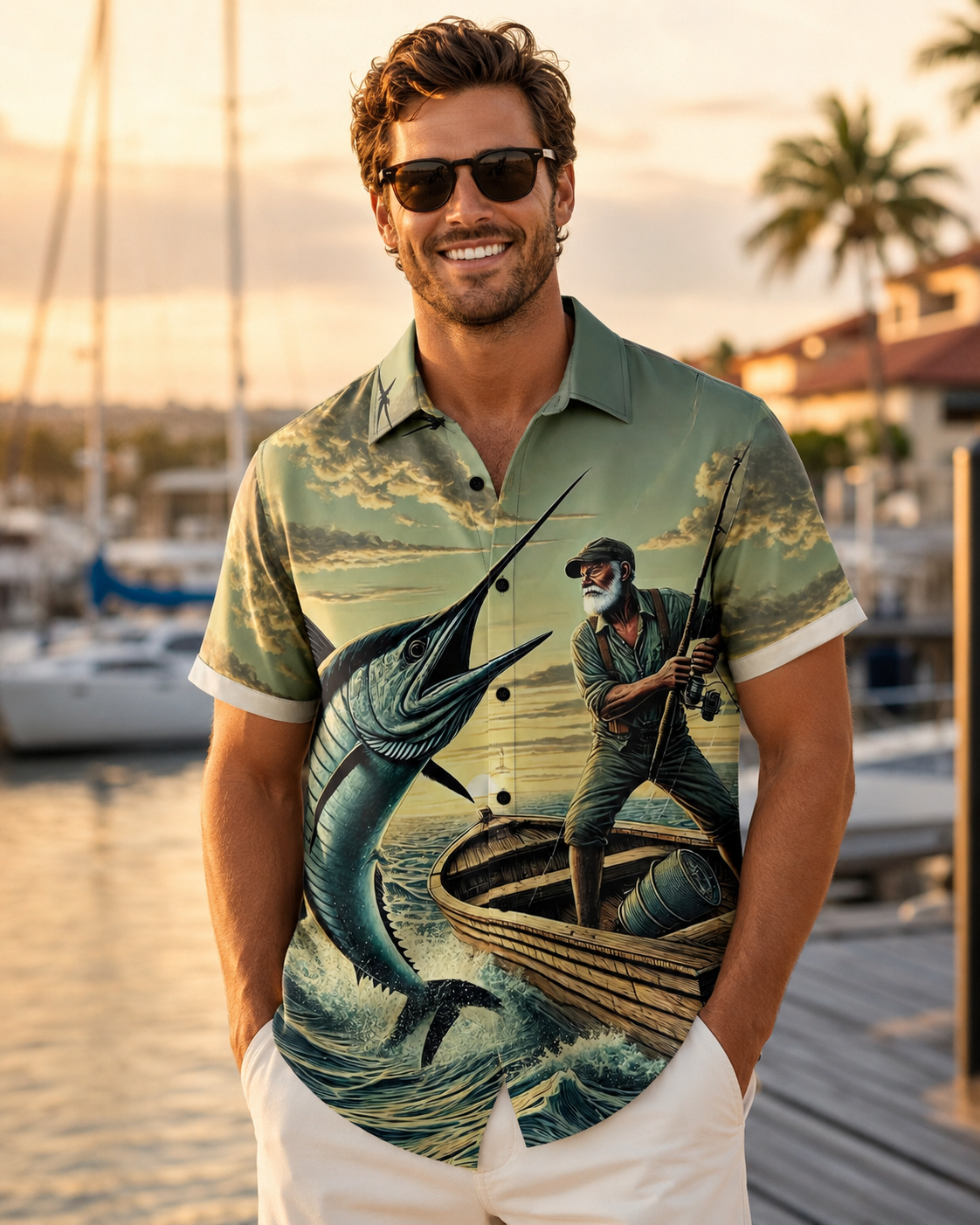 Men's Old Fisherman Catching Marlin Ocean Hawaiian Shirt