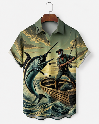 Men's Old Fisherman Catching Marlin Ocean Hawaiian Shirt