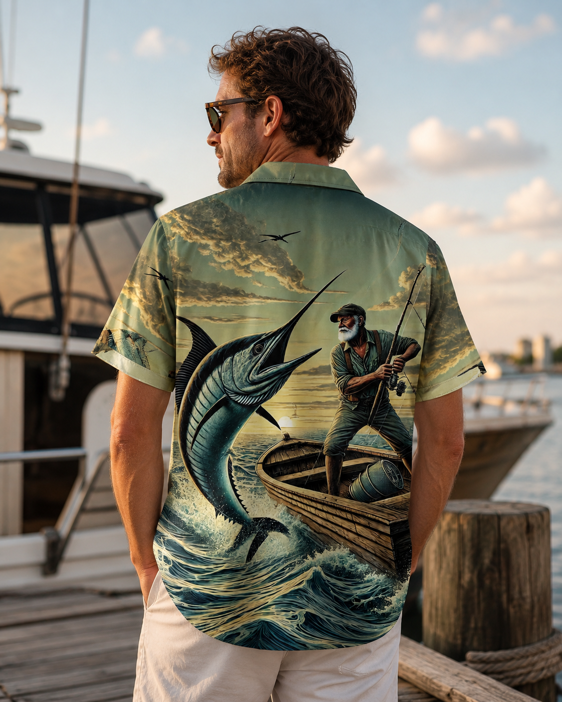Men's Old Fisherman Catching Marlin Ocean Hawaiian Shirt