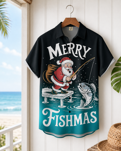 Men's Merry Fishmas Santa Fishing Christmas Shirt | Short Sleeve