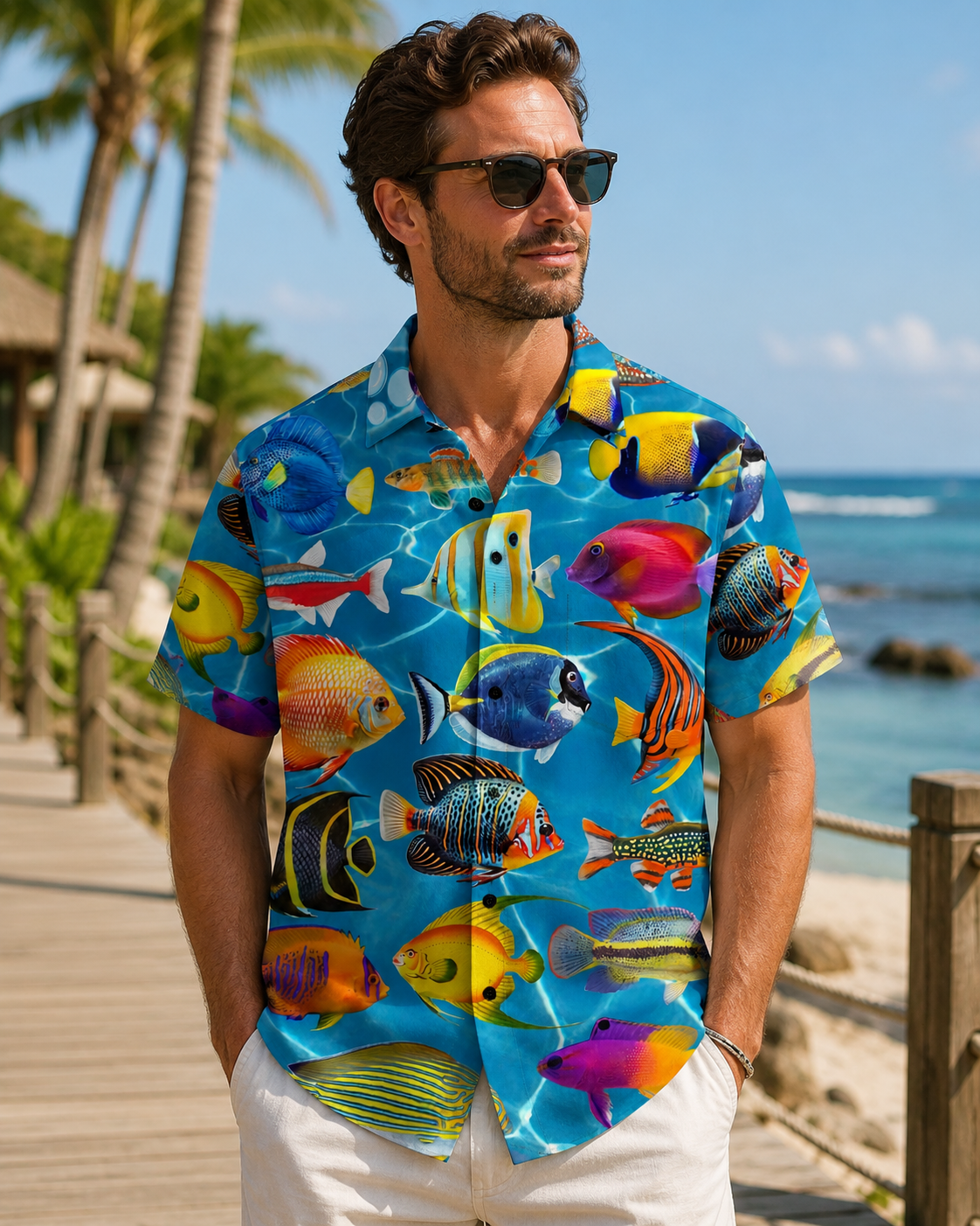 Men's Colorful Tropical Fish Blue Ocean Hawaiian Shirt