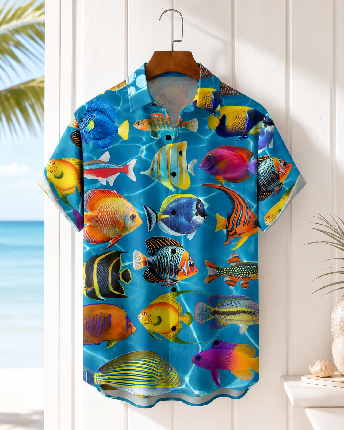 Men's Colorful Tropical Fish Blue Ocean Hawaiian Shirt