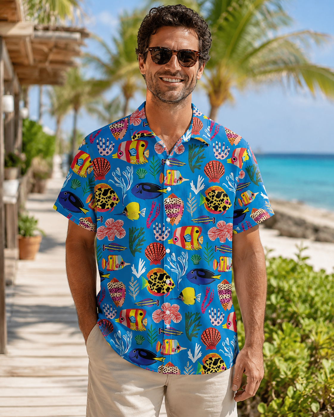Men's Cute Cartoon Fish Shell Coral Blue Hawaiian Shirt