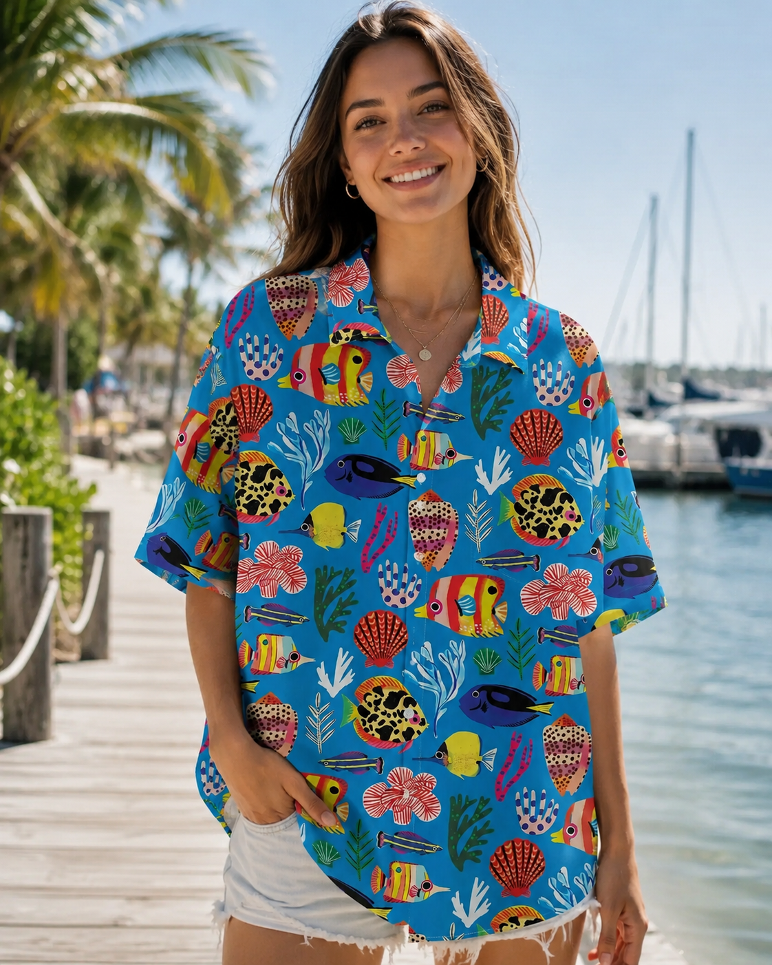 Men's Cute Cartoon Fish Shell Coral Blue Hawaiian Shirt