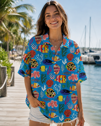 Men's Cute Cartoon Fish Shell Coral Blue Hawaiian Shirt