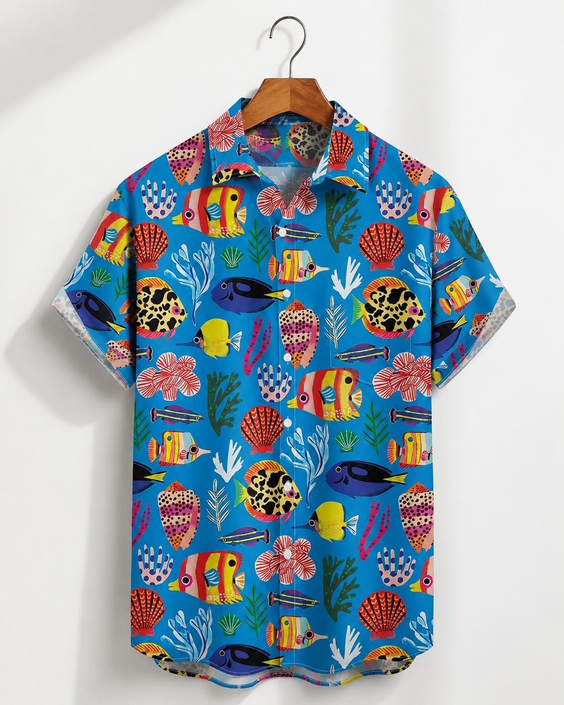 Men's Cute Cartoon Fish Shell Coral Blue Hawaiian Shirt