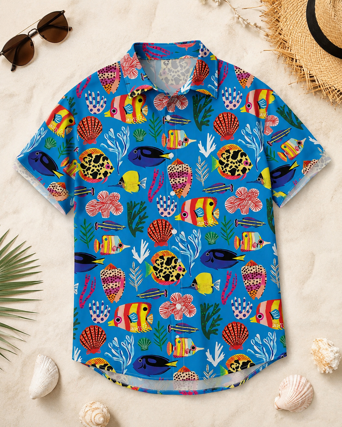 Men's Cute Cartoon Fish Shell Coral Blue Hawaiian Shirt