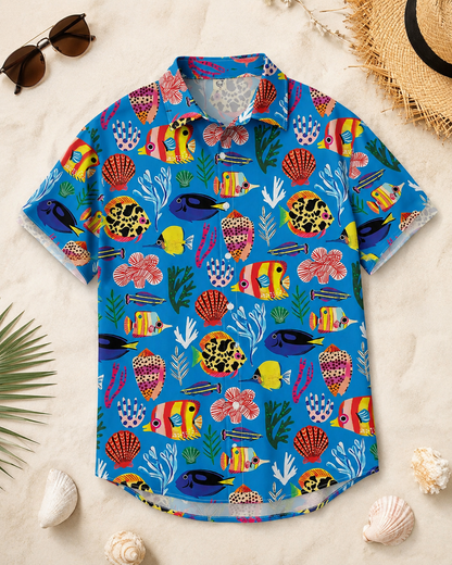 Men's Cute Cartoon Fish Shell Coral Blue Hawaiian Shirt