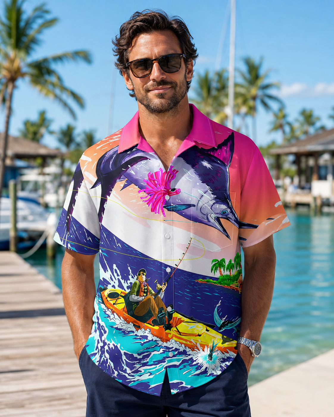 Men's Kayak Fisherman Jumping Marlin Hawaiian Shirt
