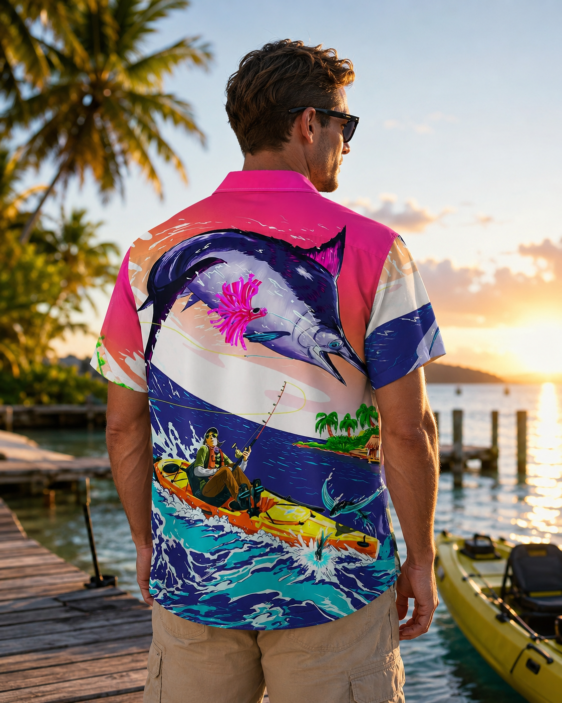 Men's Kayak Fisherman Jumping Marlin Hawaiian Shirt