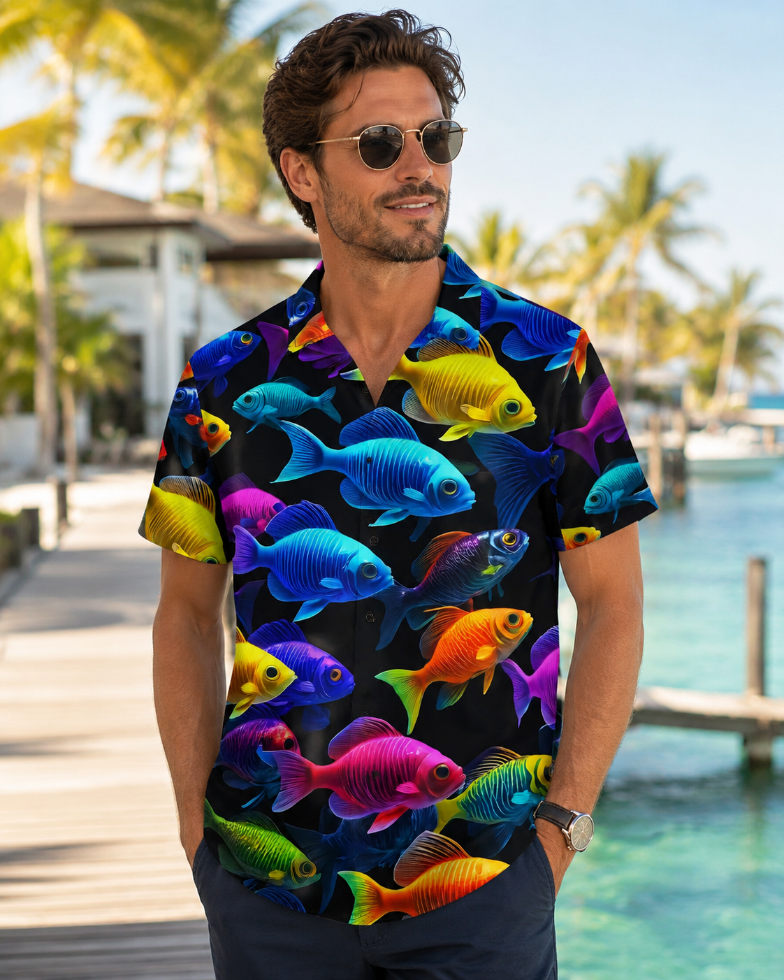 Men's Neon Glow Tropical Fish Black Hawaiian Shirt