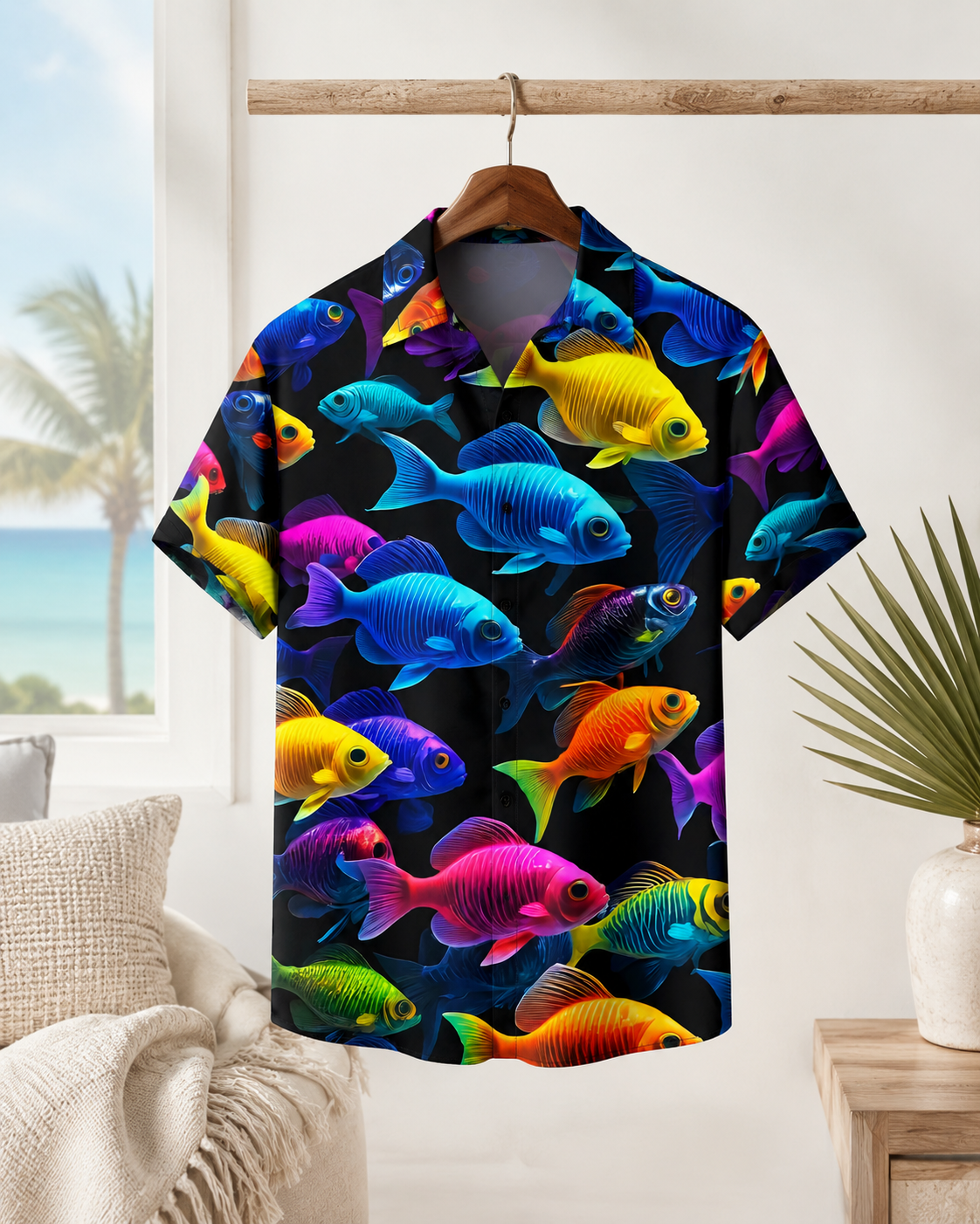 Men's Neon Glow Tropical Fish Black Hawaiian Shirt