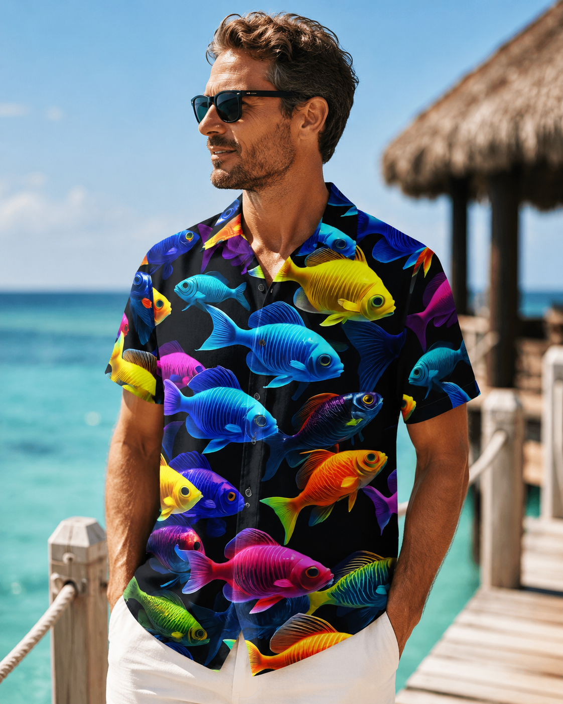 Men's Neon Glow Tropical Fish Black Hawaiian Shirt