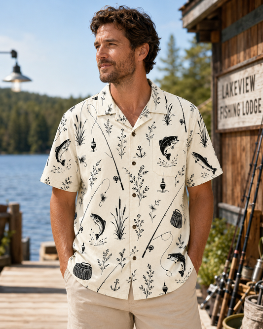 Cream Black Minimalist Fishing Rod & Trout Camp Shirt