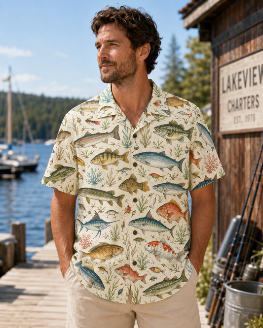 Vintage Watercolor Multi Fish Species Hawaiian Shirt