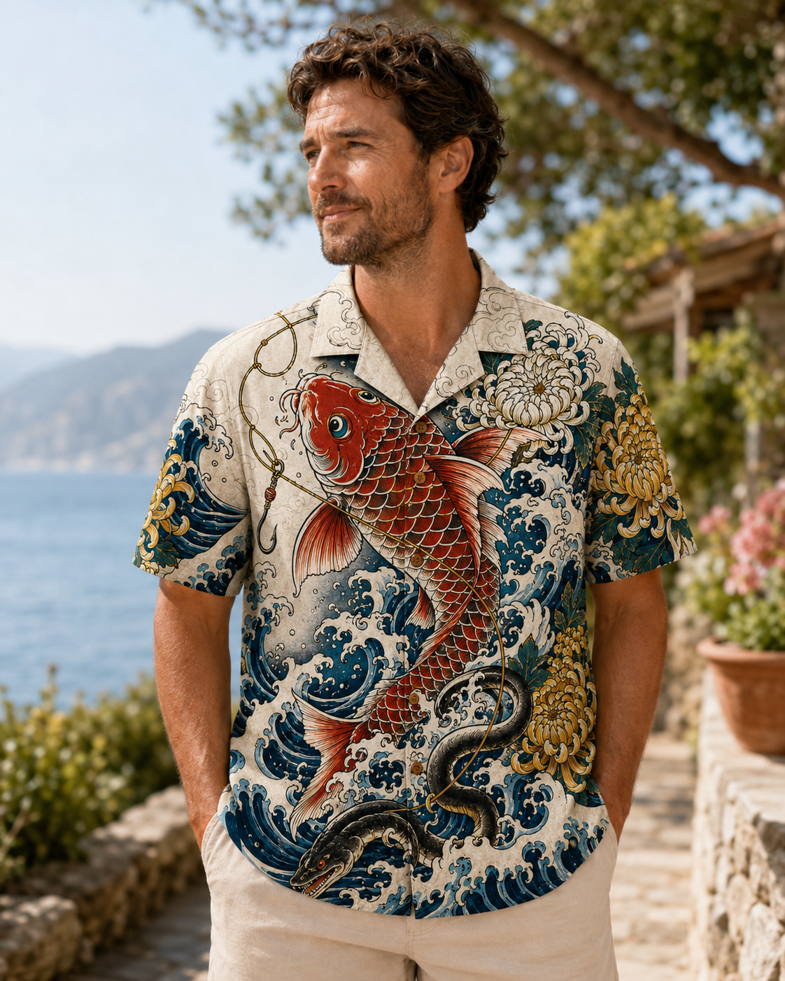 Japanese Koi Carp Wave Chrysanthemum Hawaii Shirt