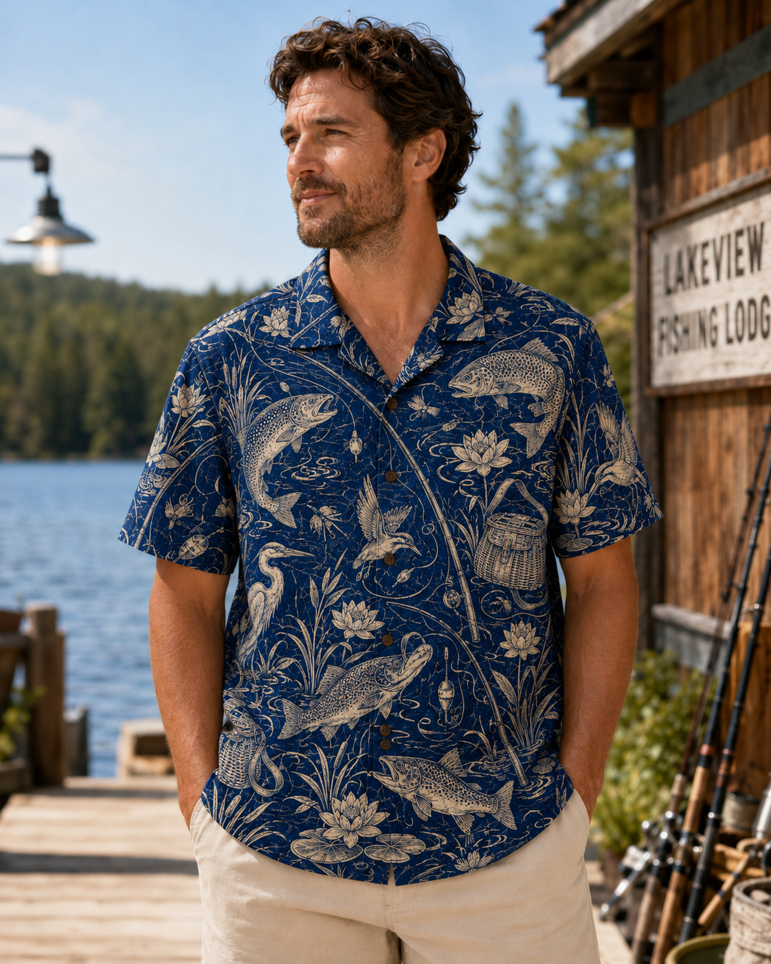 Navy Blue Engraving Trout Heron Lotus Fishing Shirt