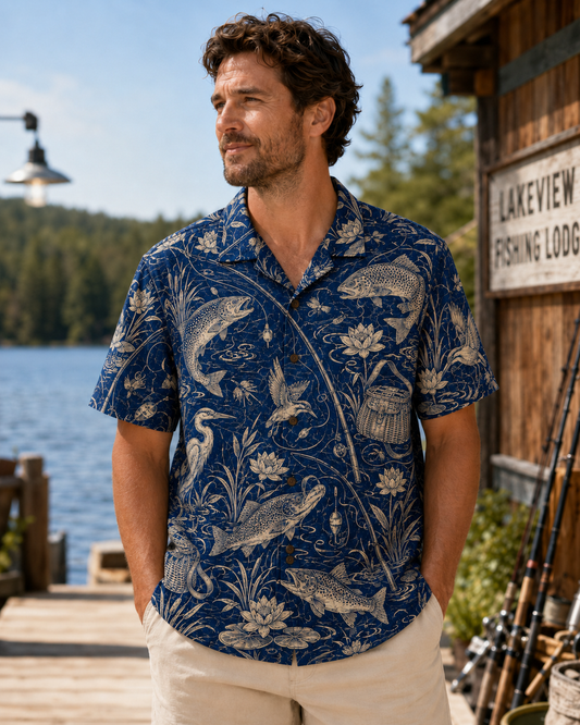 Navy Blue Engraving Trout Heron Lotus Fishing Shirt