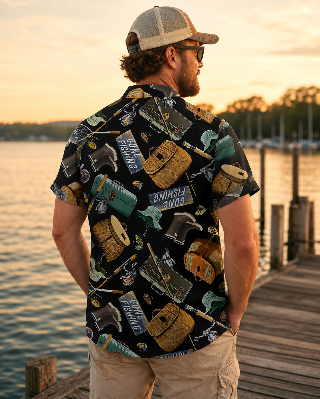 Bigfoot Gone Fishing Gear Collage Men's Hawaiian Shirt