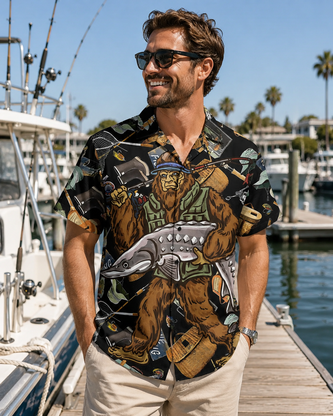 Bigfoot Gone Fishing Gear Collage Men's Hawaiian Shirt