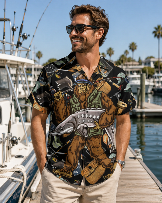 Bigfoot Gone Fishing Gear Collage Men's Hawaiian Shirt
