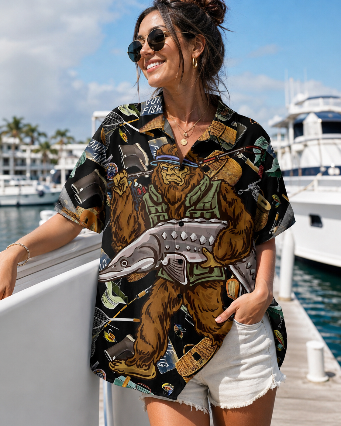Bigfoot Gone Fishing Gear Collage Men's Hawaiian Shirt