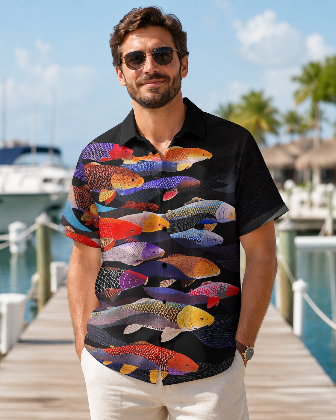 Men's Colorful Koi Fish Black Hawaiian Shirt