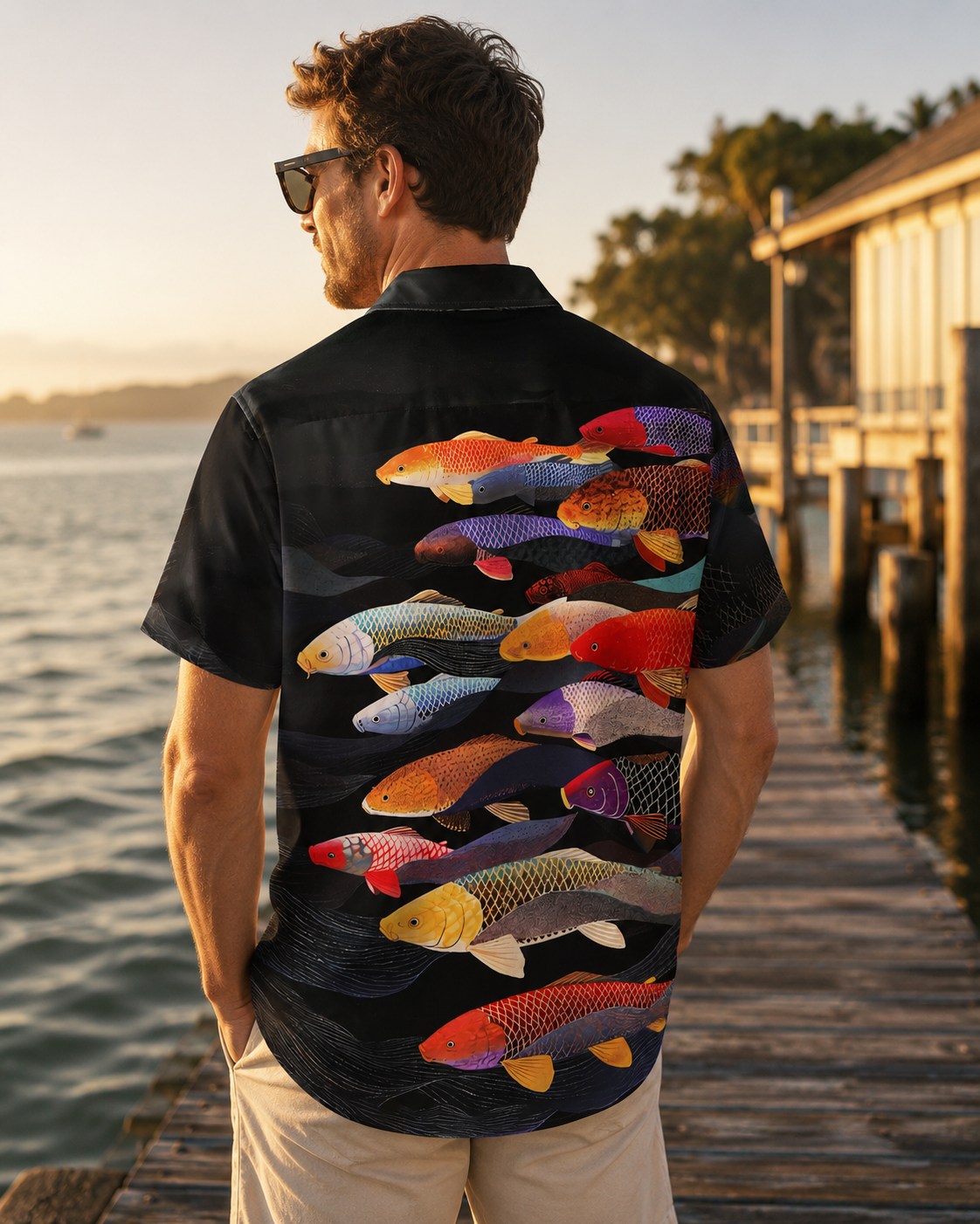 Men's Colorful Koi Fish Black Hawaiian Shirt