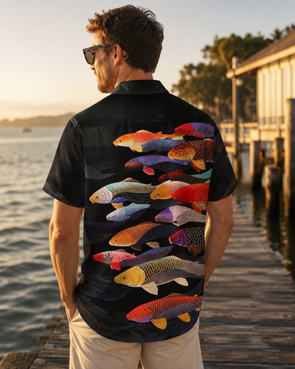 Men's Colorful Koi Fish Black Hawaiian Shirt