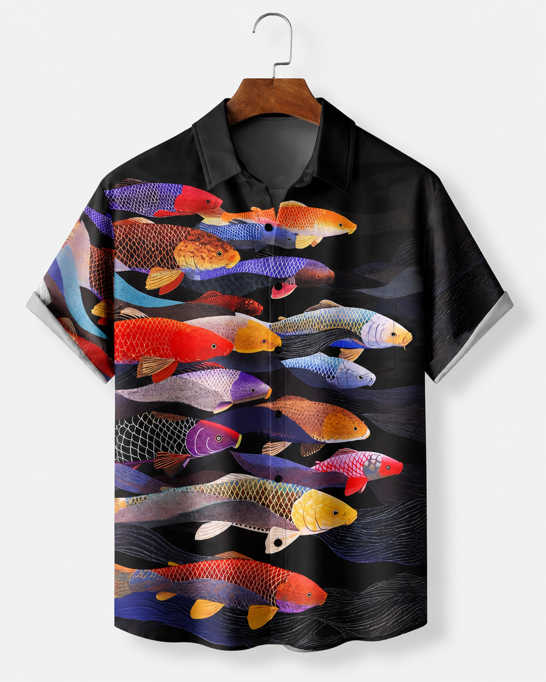Men's Colorful Koi Fish Black Hawaiian Shirt