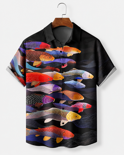 Men's Colorful Koi Fish Black Hawaiian Shirt
