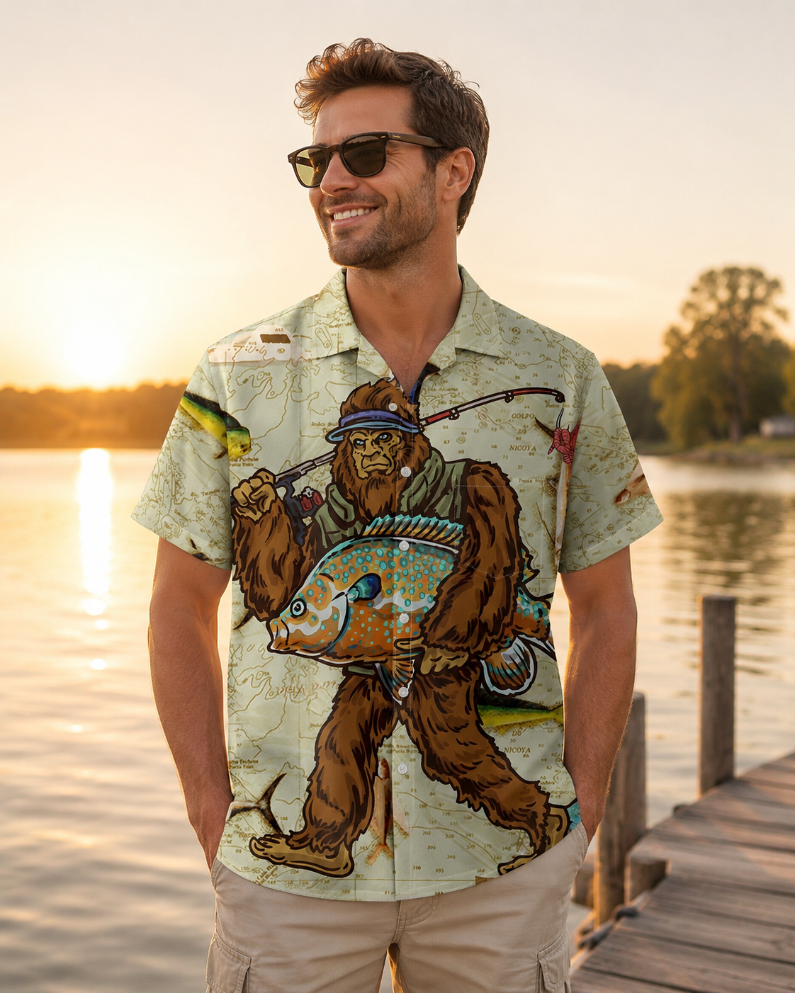 Bigfoot Fisherman Nautical Map Men's Hawaiian Shirt