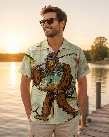 Bigfoot Fisherman Nautical Map Men's Hawaiian Shirt