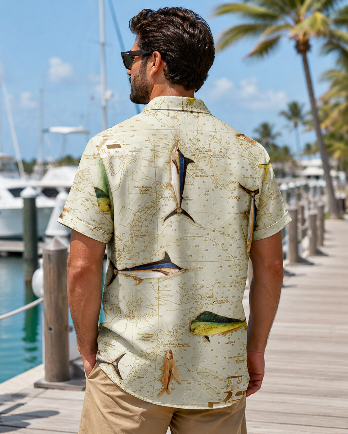 Bigfoot Fisherman Nautical Map Men's Hawaiian Shirt