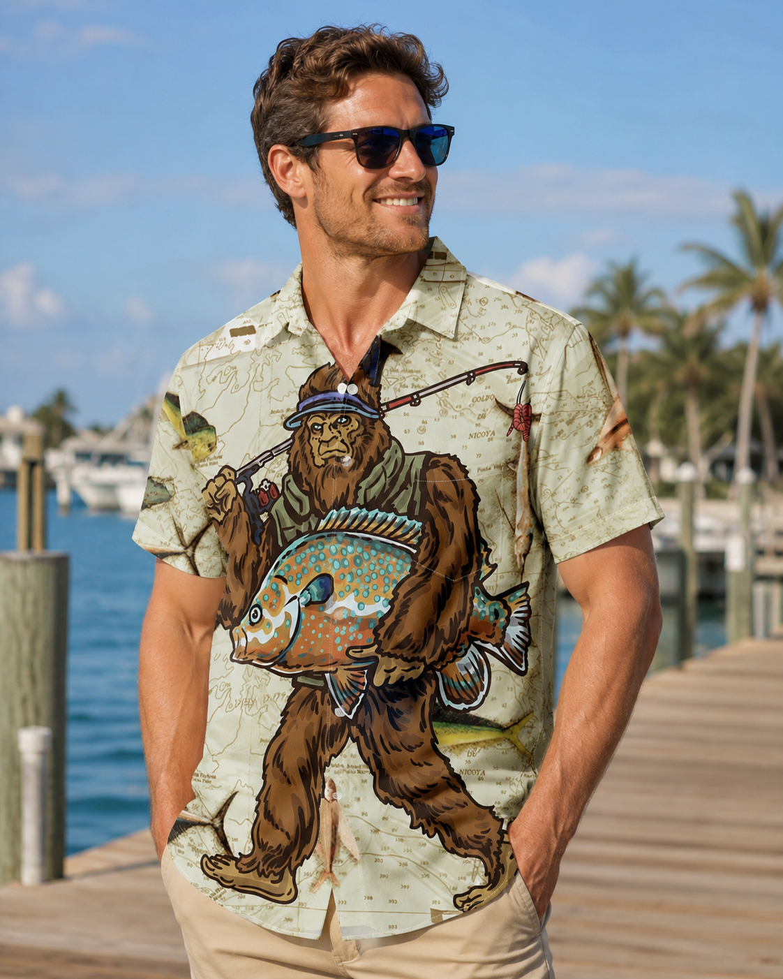 Bigfoot Fisherman Nautical Map Men's Hawaiian Shirt