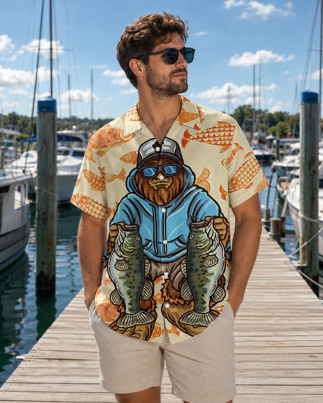 Cool Bear Fisherman Two Bass Men's Hawaiian Shirt