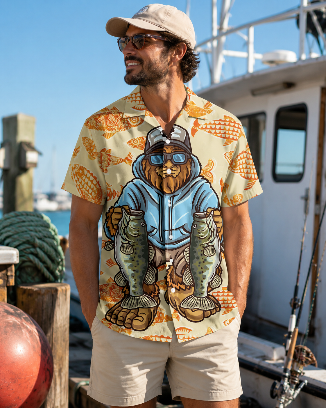Cool Bear Fisherman Two Bass Men's Hawaiian Shirt