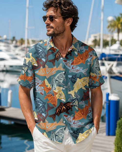 Tribal Folk Art Fish Teal Men's Hawaiian Button Shirt